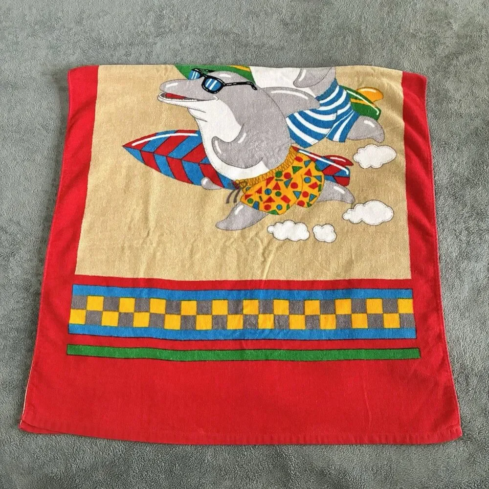 Seven Seas Shark Beach Pool Towel Vintage 30x60” Running Surfboard Checkerboard